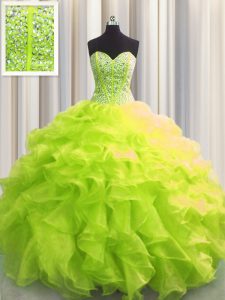 Shining Visible Boning Floor Length Yellow Green Quinceanera Gown Organza Sleeveless Beading and Ruffles