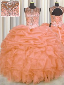 Luxury See Through Orange Ball Gowns Organza Scoop Sleeveless Beading and Ruffles and Pick Ups Floor Length Lace Up 15 Quinceanera Dress