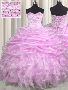 Sleeveless Organza Floor Length Brush Train Lace Up 15th Birthday Dress in Lilac with Beading and Ruffles and Pick Ups