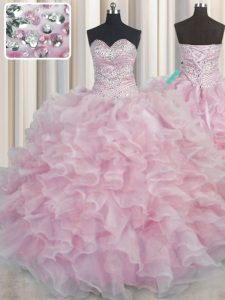 Clearance Bling-bling Sleeveless Organza Floor Length Lace Up 15 Quinceanera Dress in Pink with Beading and Ruffles