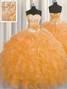 Fashion Handcrafted Flower Sleeveless Lace Up Floor Length Beading and Ruffles and Hand Made Flower Quinceanera Gowns