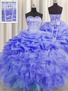 Simple Visible Boning Purple Sleeveless Beading and Ruffles and Pick Ups Floor Length 15th Birthday Dress