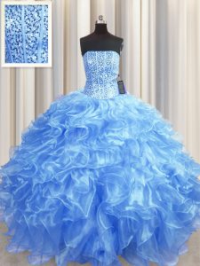 Visible Boning Floor Length Baby Blue Sweet 16 Quinceanera Dress Organza Sleeveless Beading and Ruffles