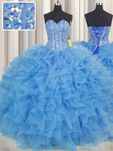 Visible Boning Sweetheart Sleeveless Quinceanera Dama Dress Floor Length Beading and Ruffles and Sashes ribbons Baby Blue Organza
