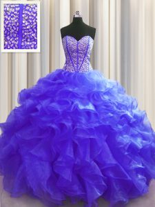 Visible Boning Sleeveless Organza Floor Length Lace Up Vestidos de Quinceanera in Purple with Beading and Ruffles