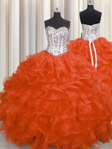 Sweet Organza Sweetheart Sleeveless Lace Up Beading and Ruffles Quince Ball Gowns in Red