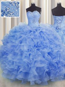 Ball Gowns Quinceanera Gowns Blue Sweetheart Organza Sleeveless Floor Length Lace Up