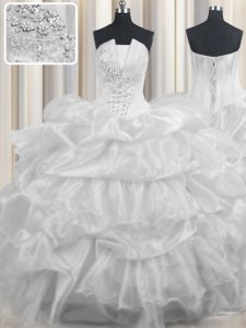 Clearance Sleeveless Floor Length Beading and Ruffled Layers and Pick Ups Lace Up Sweet 16 Quinceanera Dress with White