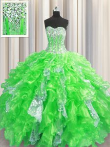 Visible Boning Sweetheart Lace Up Beading and Ruffles and Sequins Sweet 16 Dress Sleeveless
