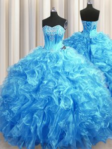 On Sale Organza Sweetheart Sleeveless Sweep Train Lace Up Beading and Ruffles Quince Ball Gowns in Baby Blue