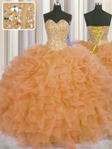Visible Boning Sleeveless Beading and Ruffles and Sashes ribbons Lace Up Quince Ball Gowns
