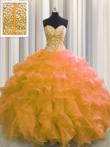 Customized Visible Boning Orange Sleeveless Floor Length Beading and Ruffles Lace Up 15 Quinceanera Dress