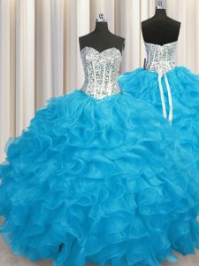 Organza Sweetheart Long Sleeves Lace Up Beading and Ruffles Quinceanera Gown in Aqua Blue