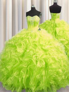 Low Price Yellow Green Organza Lace Up Sweetheart Long Sleeves Quince Ball Gowns Brush Train Beading and Ruffles