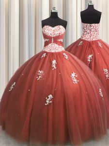 Adorable Rust Red Tulle Lace Up Sweet 16 Quinceanera Dress Sleeveless Floor Length Beading and Appliques