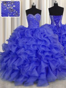 Royal Blue Sleeveless Floor Length Beading and Ruffles Lace Up Quinceanera Gown
