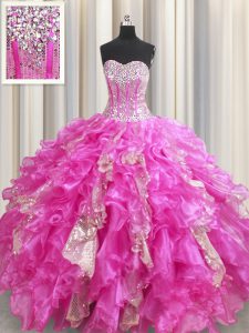 Visible Boning Beading and Ruffles and Sequins Quinceanera Gown Fuchsia Lace Up Sleeveless Floor Length