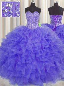 Visible Boning Purple Organza Lace Up Sweetheart Sleeveless Floor Length Quinceanera Dresses Beading and Ruffles and Sashes ribbons