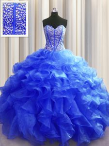 Vintage Visible Boning Royal Blue Lace Up Sweetheart Beading and Ruffles Sweet 16 Dress Organza Sleeveless