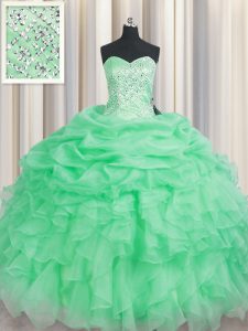 Wonderful Sleeveless Organza Floor Length Lace Up Sweet 16 Dress in Apple Green with Beading and Ruffles
