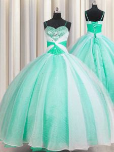 Apple Green Ball Gowns Spaghetti Straps Sleeveless Organza Floor Length Lace Up Beading and Ruching Sweet 16 Quinceanera Dress