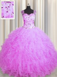 See Through Zipper Up Ball Gowns Quinceanera Gowns Lilac Square Organza Sleeveless Floor Length Zipper