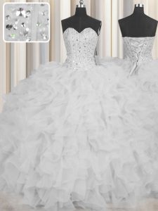 Visible Boning Sleeveless Beading and Ruffles and Sashes ribbons Lace Up Quinceanera Gown