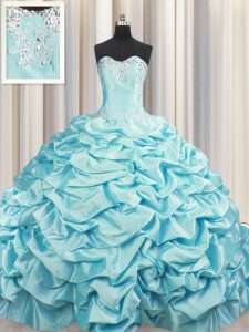 Brush Train Lace Up Ball Gown Prom Dress Aqua Blue for Military Ball and Sweet 16 and Quinceanera with Beading and Pick Ups Sweep Train