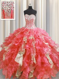 Visible Boning Watermelon Red Sweetheart Lace Up Beading and Ruffles and Sequins Quinceanera Dress Sleeveless
