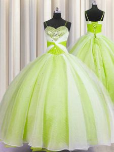 Popular Spaghetti Straps Sleeveless Floor Length Beading and Ruching Lace Up Quinceanera Dress with Yellow Green