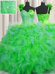 Nice One Shoulder Handcrafted Flower Multi-color Tulle Lace Up Vestidos de Quinceanera Sleeveless Floor Length Beading and Ruffles and Hand Made Flower