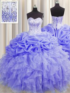 Custom Designed Pick Ups Visible Boning Ball Gowns Quince Ball Gowns Lavender Sweetheart Organza Sleeveless Floor Length Lace Up
