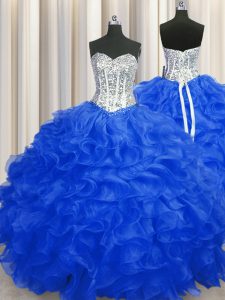 Top Selling Royal Blue Lace Up Sweetheart Beading and Ruffles Sweet 16 Dress Organza Sleeveless