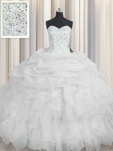 Sweetheart Sleeveless Quinceanera Gown Floor Length Beading and Ruffles White Organza