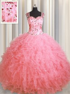 See Through Zipper Up Square Sleeveless Zipper Party Dress for Girls Pink Organza