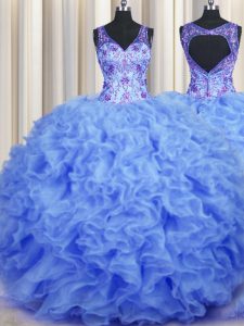 Most Popular V Neck Floor Length Ball Gowns Sleeveless Blue Quinceanera Gowns Zipper