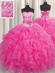 Pretty Handcrafted Flower Floor Length Hot Pink Sweet 16 Quinceanera Dress Organza Sleeveless Beading and Ruffles