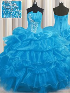 Pick Ups Baby Blue Sleeveless Organza Lace Up Quinceanera Dresses for Military Ball and Sweet 16 and Quinceanera