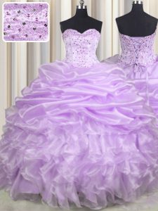 Vintage Lavender Quinceanera Dress Military Ball and Sweet 16 and Quinceanera and For with Beading and Ruffles and Pick Ups Sweetheart Sleeveless Brush Train Lace Up