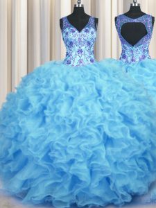 V Neck Baby Blue Sleeveless Beading and Appliques and Ruffles Floor Length 15 Quinceanera Dress