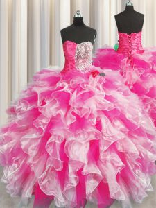 Cheap Pink And White Ball Gowns Beading and Ruffles and Ruching Quinceanera Dress Lace Up Organza Sleeveless Floor Length