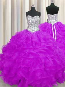 Fitting Sweetheart Sleeveless Quinceanera Dress Floor Length Beading and Ruffles Purple Organza