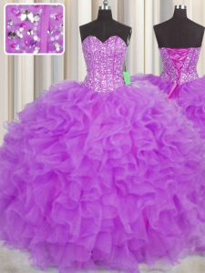 Visible Boning Purple Ball Gowns Organza Sweetheart Sleeveless Beading and Ruffles and Sashes ribbons Floor Length Lace Up Quinceanera Dress