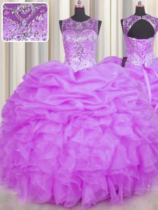 Exquisite Scoop See Through Organza Sleeveless Floor Length Sweet 16 Quinceanera Dress and Beading and Ruffles and Pick Ups