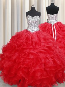 Hot Selling Sweetheart Sleeveless Organza Quinceanera Gown Beading and Ruffles Lace Up