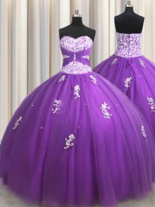 Low Price Tulle Sweetheart Sleeveless Lace Up Beading and Appliques Quinceanera Dresses in Purple