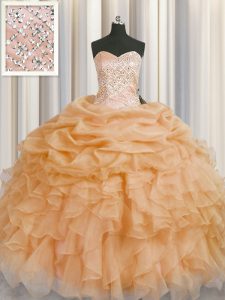 Exceptional Floor Length Lace Up Party Dress for Toddlers Gold for Military Ball and Sweet 16 and Quinceanera with Beading and Ruffles