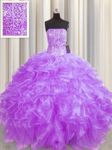 Visible Boning Sleeveless Floor Length Beading and Ruffles Lace Up Quinceanera Dresses with Lilac
