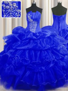 Superior Organza Strapless Sleeveless Lace Up Beading and Ruffles and Pick Ups Quinceanera Dress in Royal Blue