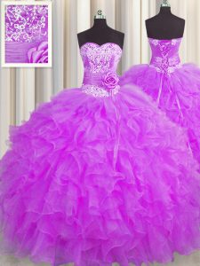 Dazzling Handcrafted Flower Sleeveless Lace Up Floor Length Beading and Ruffles and Hand Made Flower Quinceanera Dress